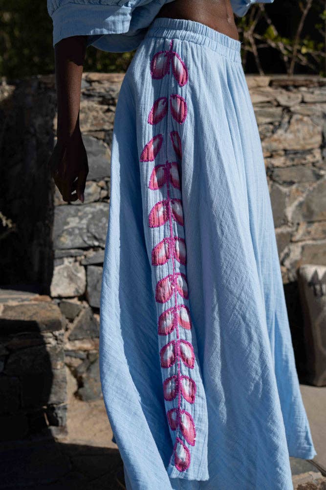 Long flowing embroidered Lily-of-the-Valley skirt