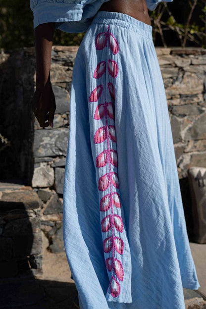 Long flowing embroidered Lily-of-the-Valley skirt