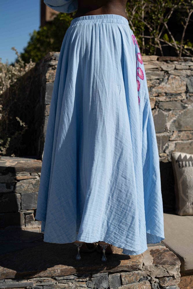 Long flowing embroidered Lily-of-the-Valley skirt